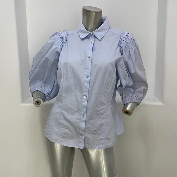 Karen Millen Quarter Balloon Sleeves Blue Button Up Shirt Top K4 - Picture 13 of 13